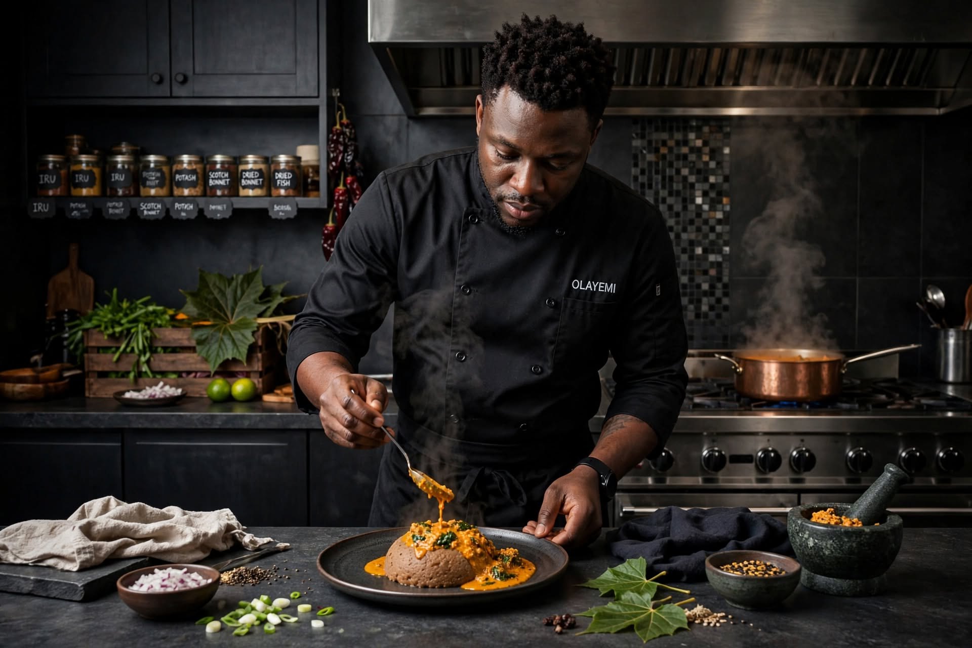 Chef plating amala with egusi soup in a restaurant kitchen