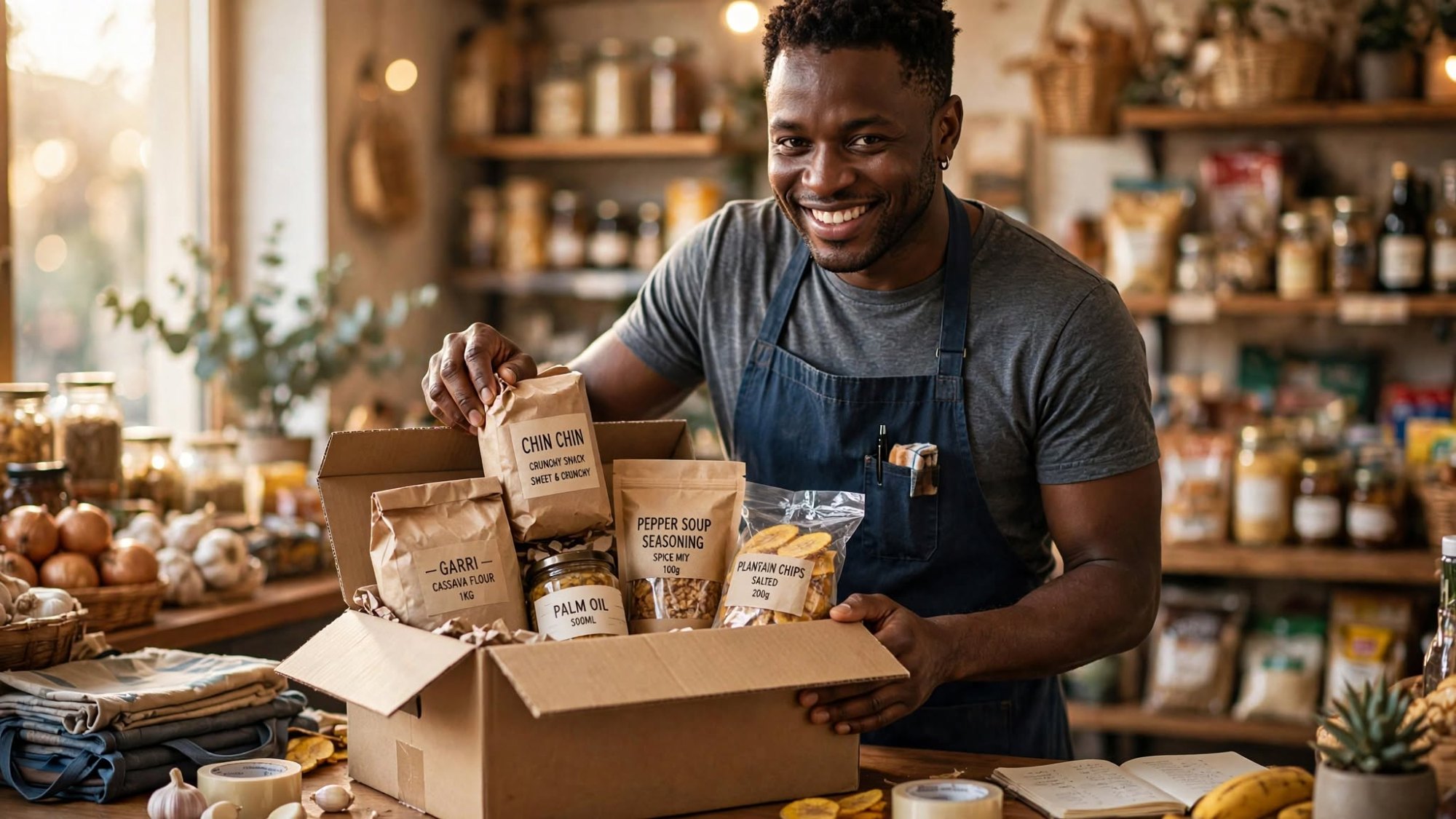 Store owner unboxing a carton of Nigerian food products