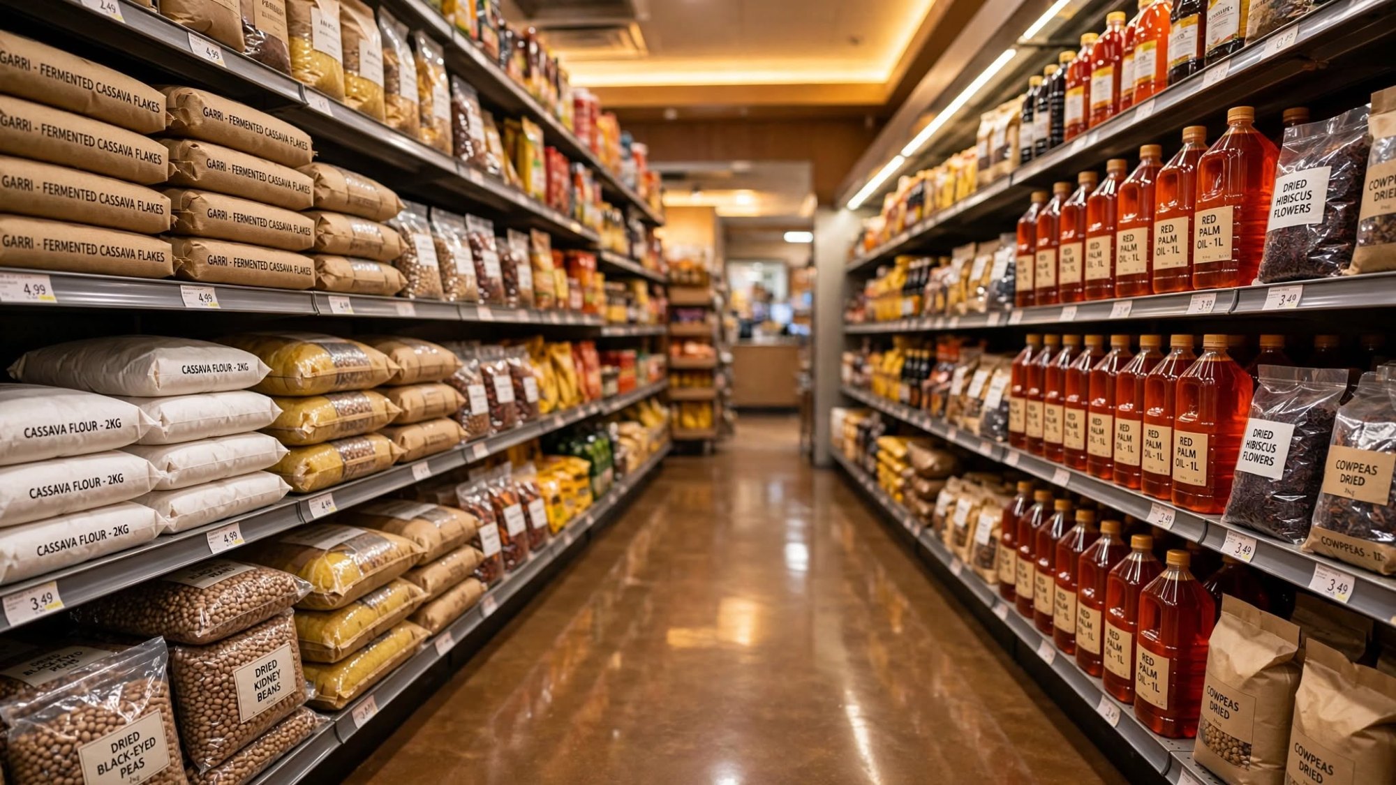 Well-stocked African grocery store aisle